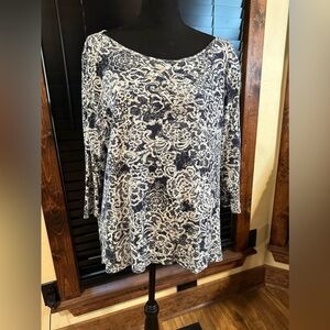 Chico's Long Sleeve Lace Print Shirt Dark Blue White Large